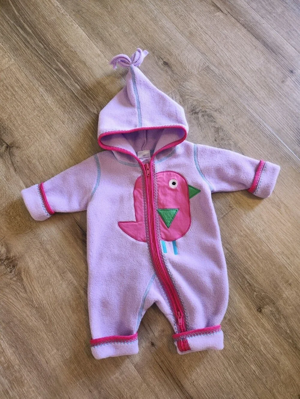 Hanna Andersson Purple Fleece Bird Hooded Fleece Baby Bunting Bodysuit